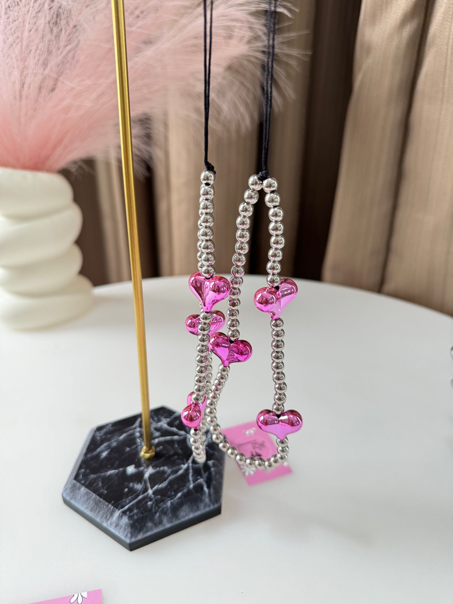 Heart Pink Silver Phone Lanyard