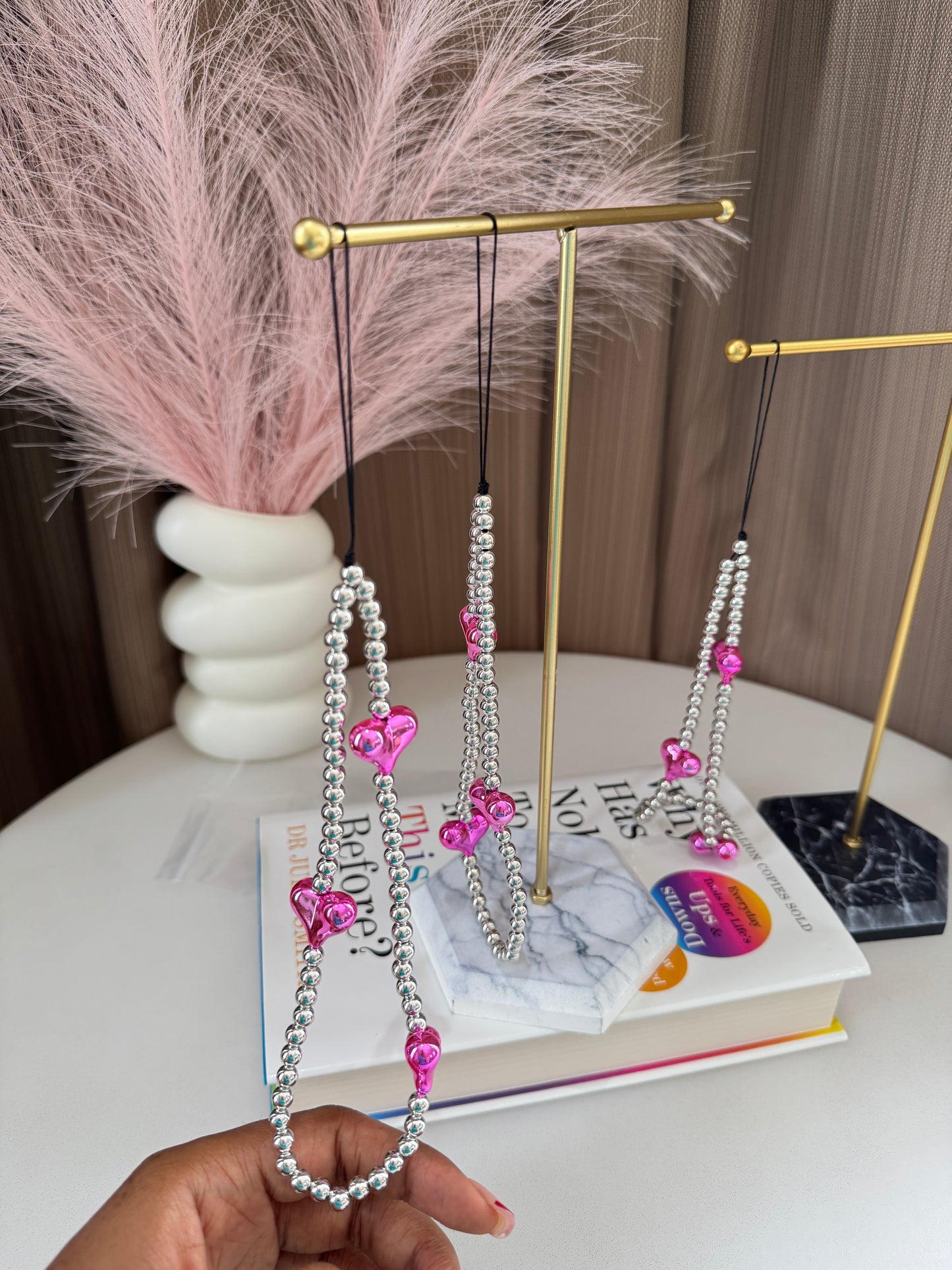 Pink Silver Phone Lanyard