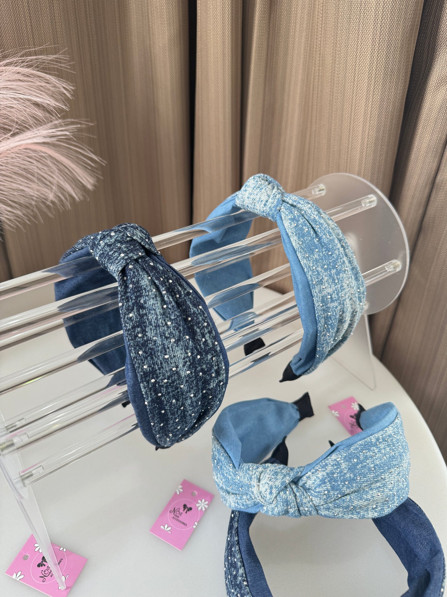 Rhinestone Denim Headband Knot