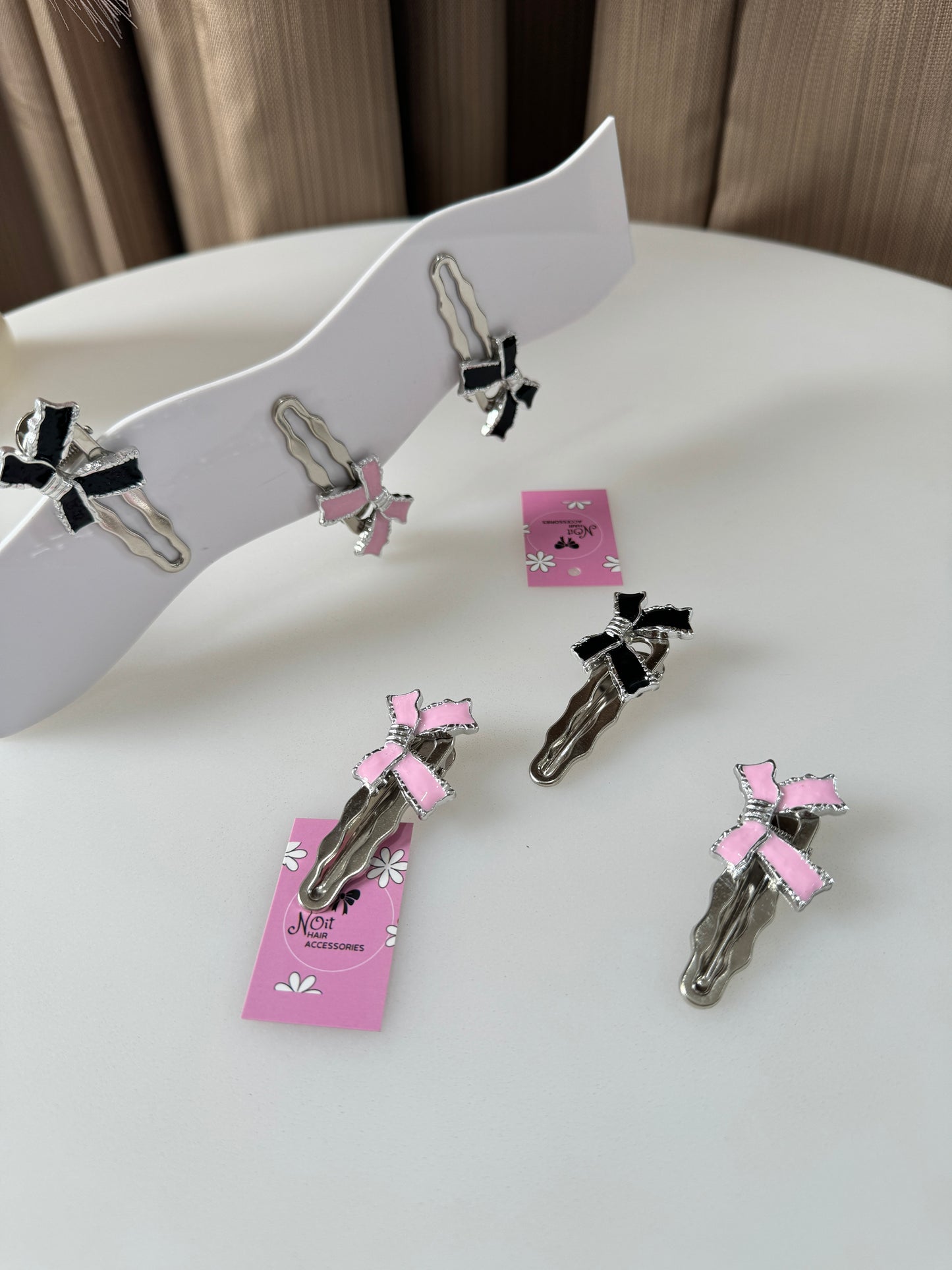 Stainless Steel Bow Hair Clip Set of 2 pink and black