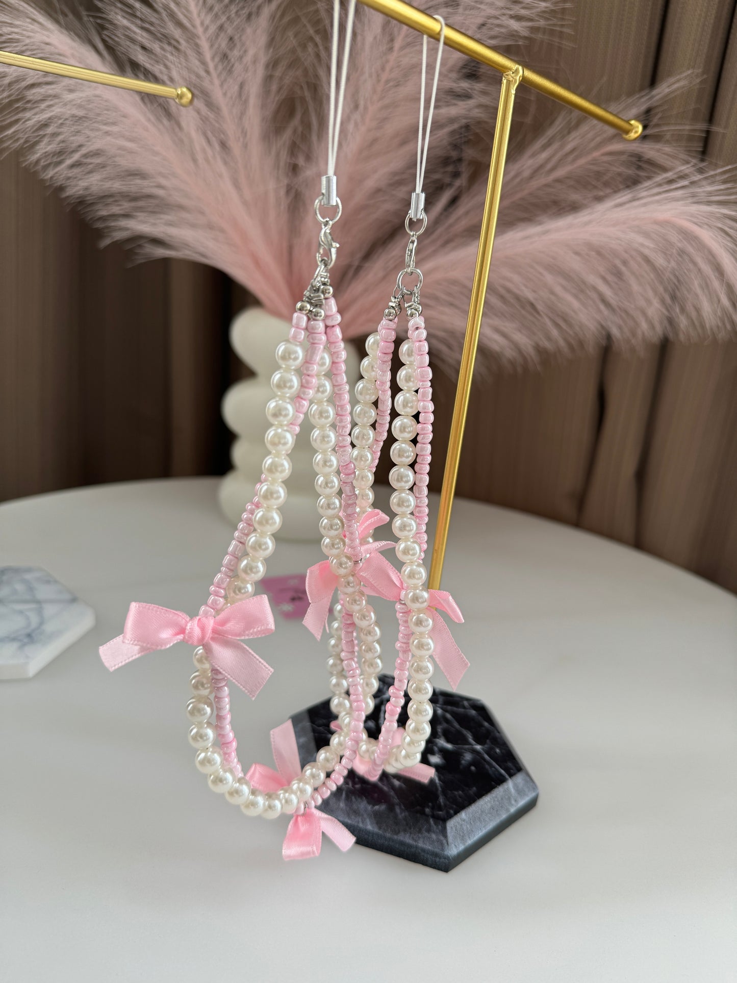 Double Chain Pearl Phone Lanyard Pink