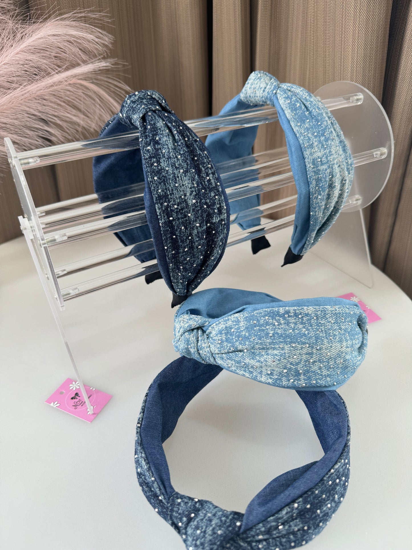 Rhinestone Denim Headband Knot