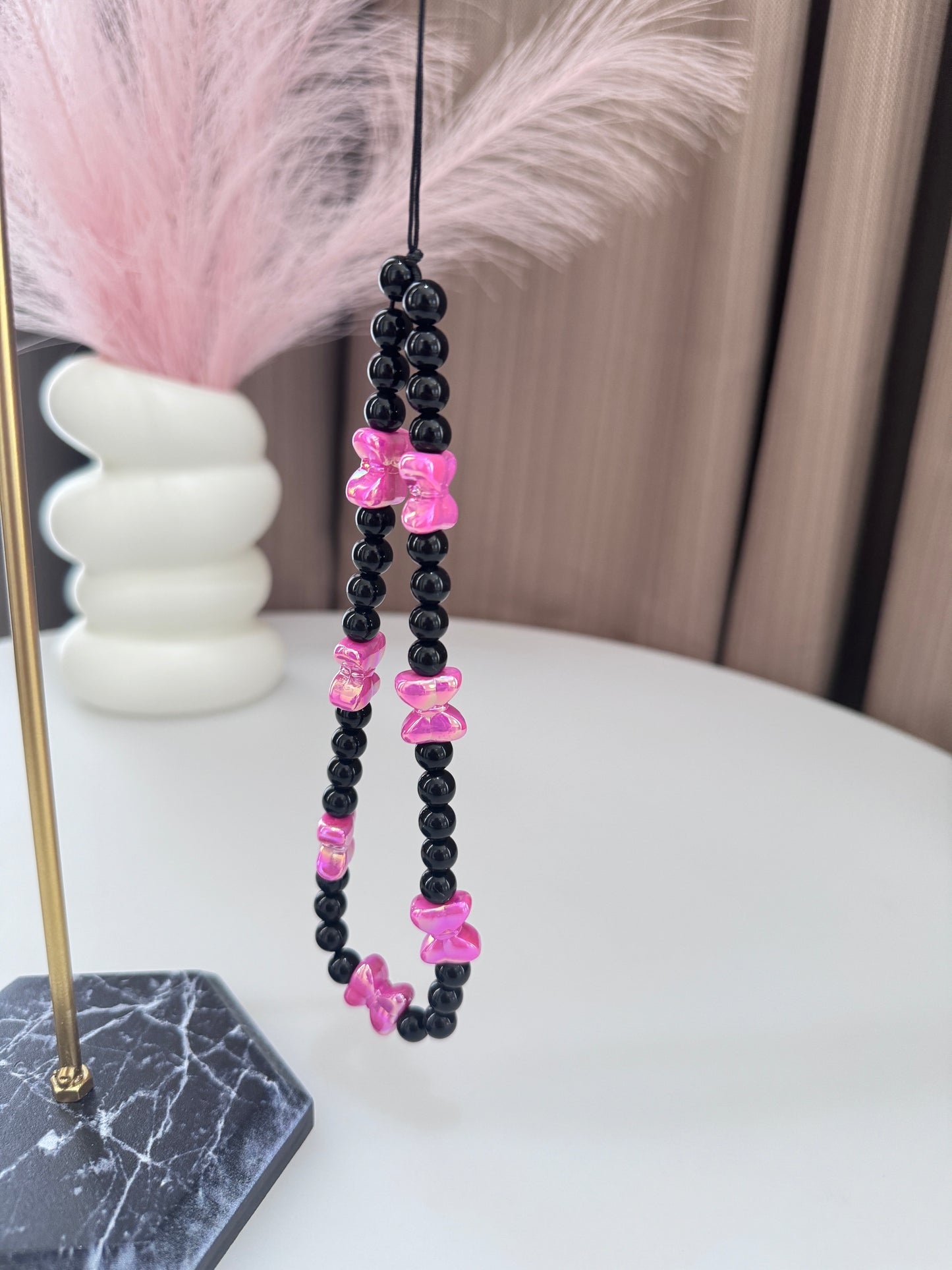 Bow Phone Lanyard Black and Pink