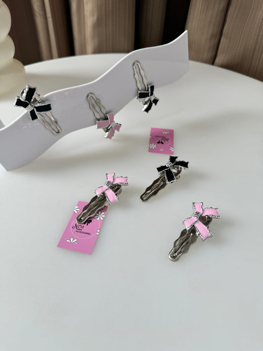 Stainless Steel Bow Hair Clip Set of 2 pink and black