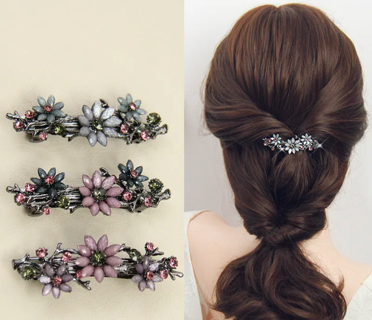 Rhinestone Flower Hair Clips (French Clip)