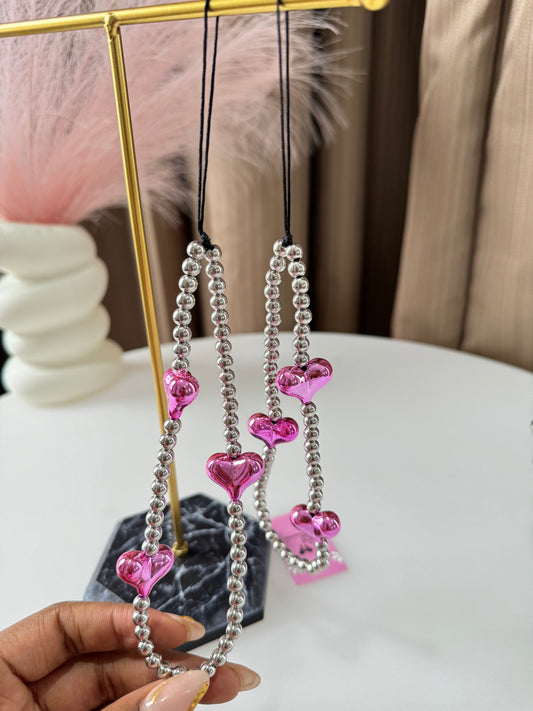 Heart Pink Silver Phone Lanyard